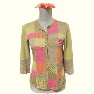 Sigrid Olsen Sport Green Pink Check Beaded Linen Blend Knit Cardigan Boho PS
